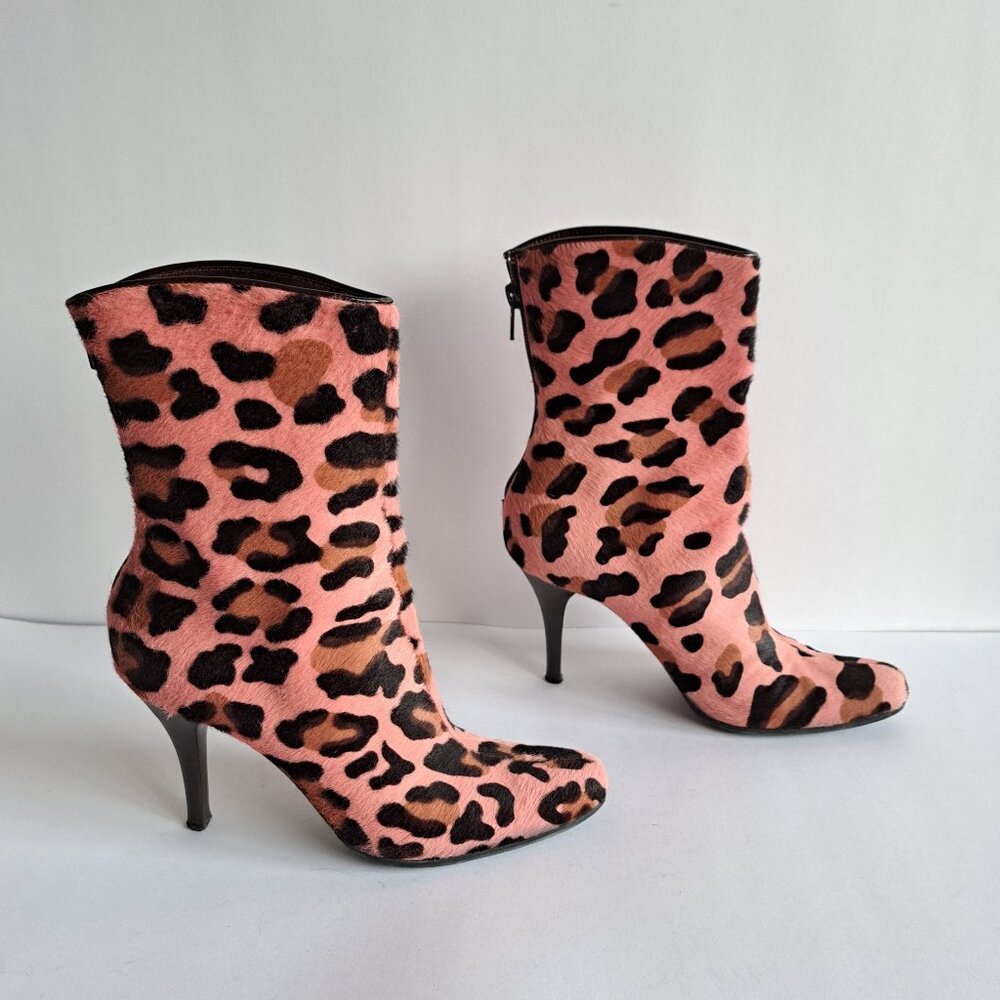 RARE Casadei Pink Leopard Print Ponyskin Boots Size 5